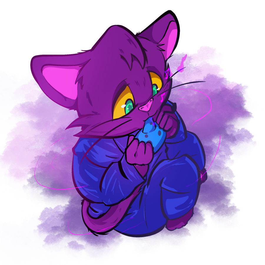 Taizen's Pixel Cat hand drawn and colored, purple fur with yellow eyes and green irises, wearing a dark blue samue, sitting and playing a light blue ocarina.